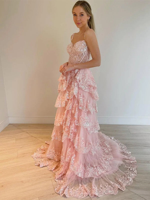Weitese A-Line/Princess Tulle Lace Straps Sleeveless Court Train Dresses
